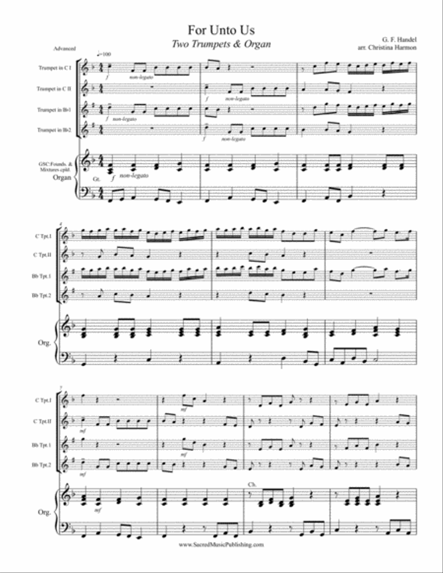 For Unto Us A Child is Born - Two Trumpets and Organ Trumpet Duet scores gallery preview page 2