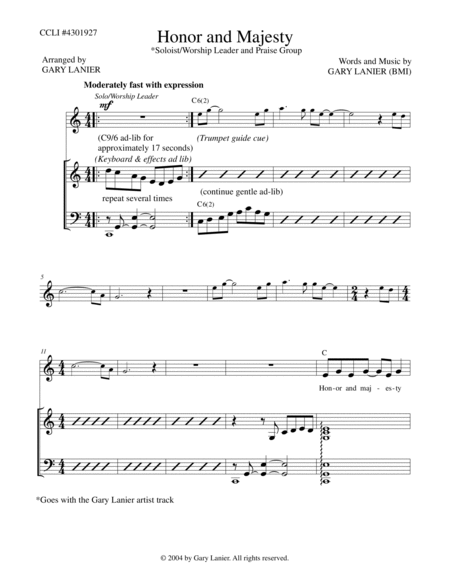 HONOR AND MAJESTY, Praise & Worship Lead Sheet w/Extended Ending (Melody, Vocals, Lyrics & Chords) image number null