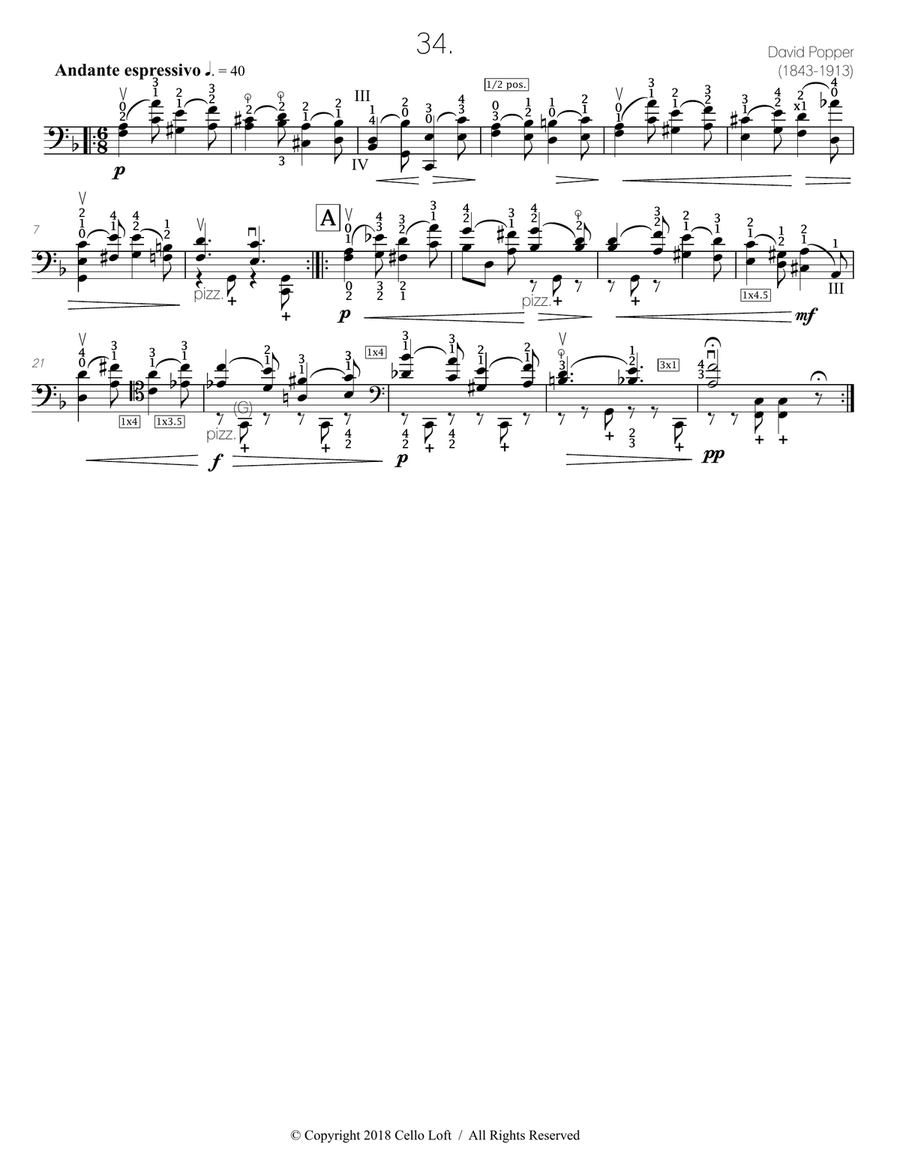 Popper (arr. Richard Aaron): Op. 73, Etude #34 Cello Solo scores gallery preview page 2