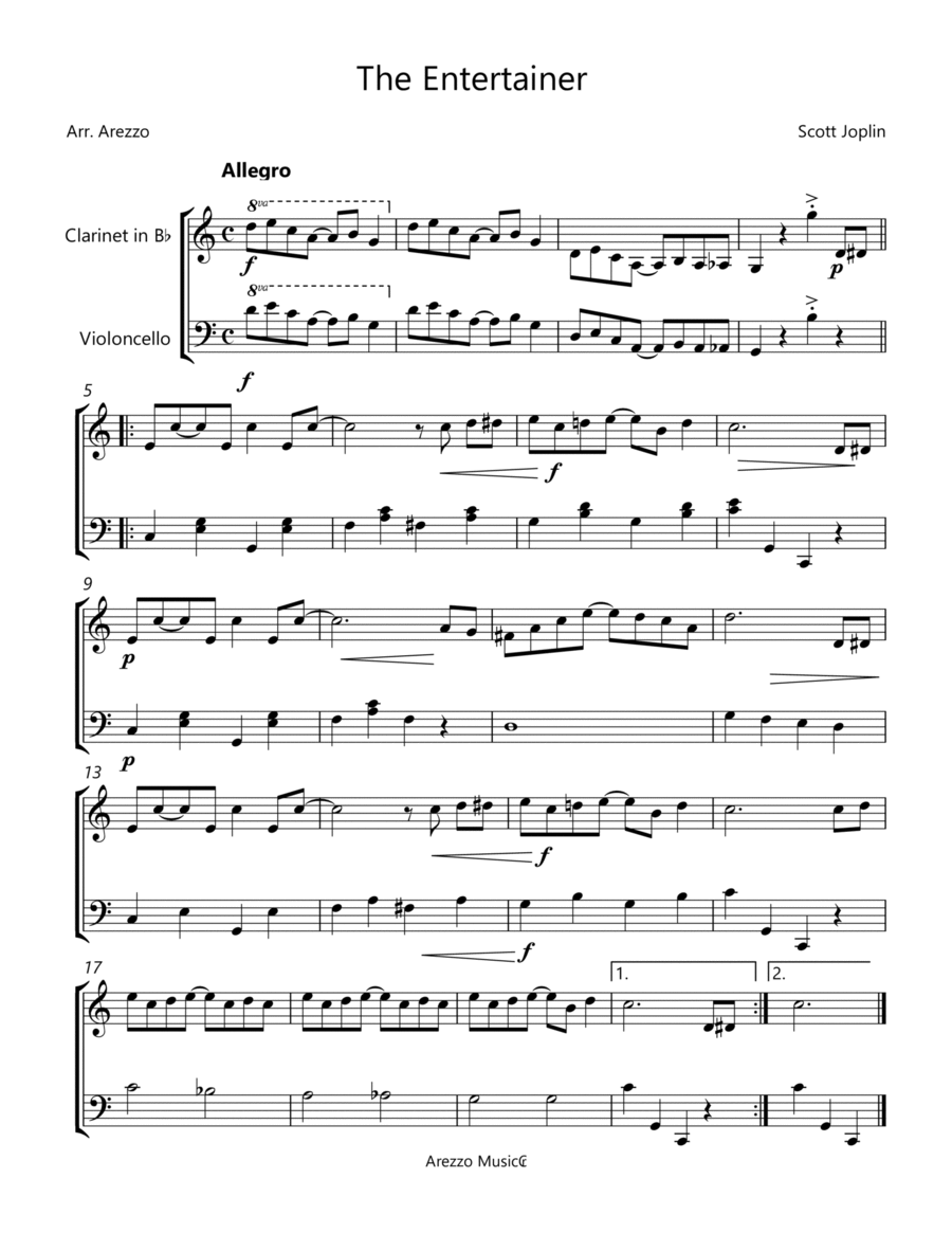 The Entertainer Clarinet and Cello sheet Music - short Version  B-Flat Clarinet scores gallery preview page 1