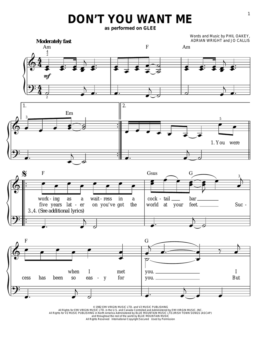 Don't You Want Me Don't You Want Me Easy Piano scores gallery preview page 1