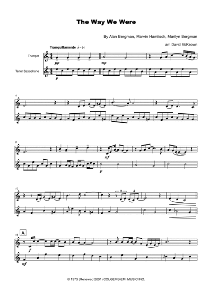 The Way We Were Tenor Saxophone scores gallery preview page 2