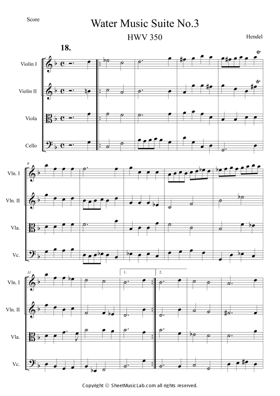 Water Music Suite No.3 18 HWV 350 String Quartet scores gallery preview page 1