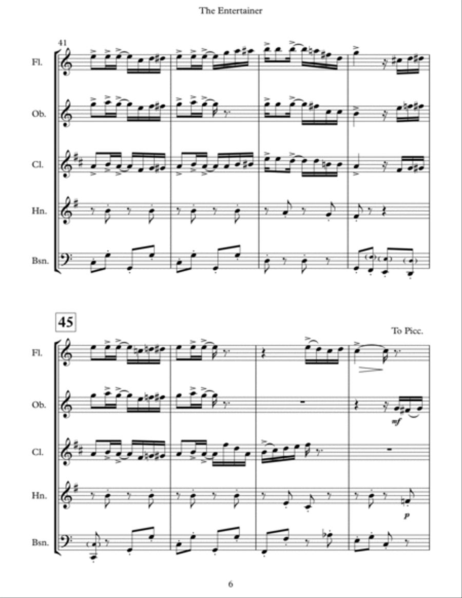 The Entertainer for Wind Quintet Woodwind Quintet scores gallery preview page 6