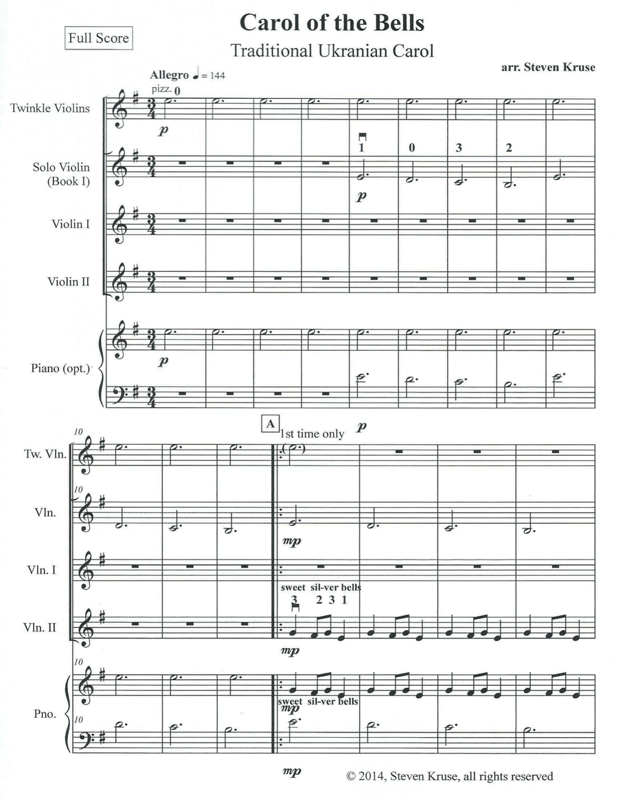 Carol of the Bells for Violin Ensemble of four parts, on different ability levels, from pre-Twinkle 4-Part scores gallery preview page 4