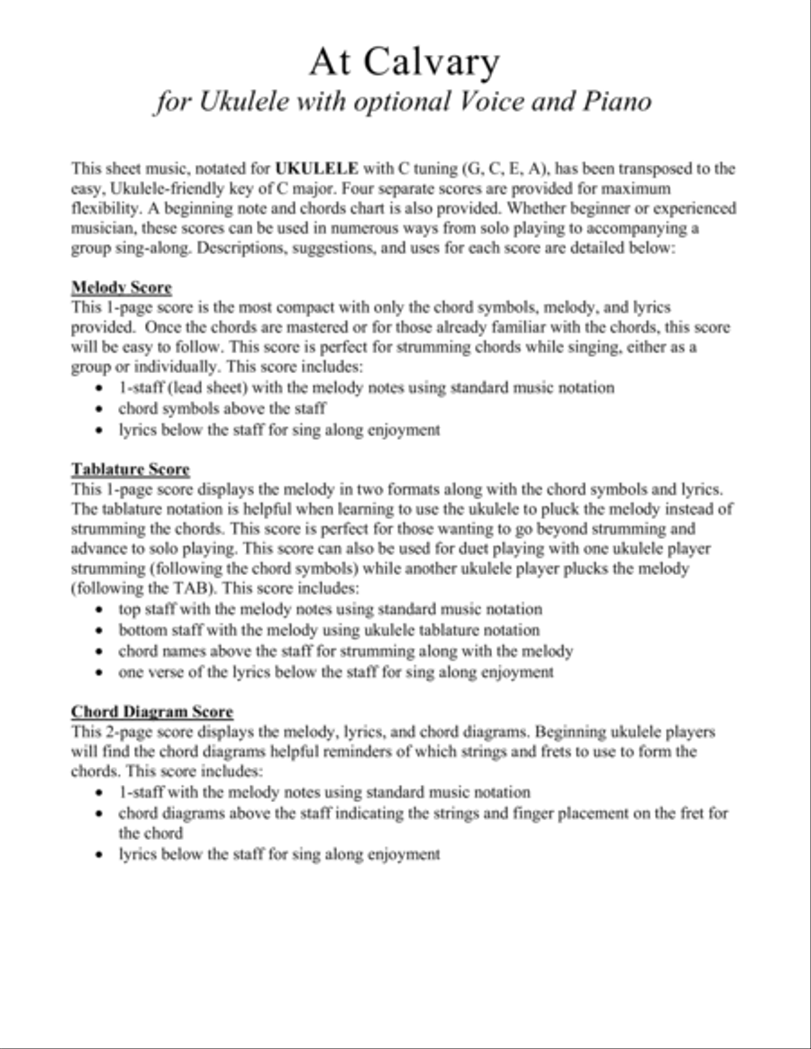At Calvary for Ukulele (Chords, TAB, Melody, and Lyrics with optional Piano Accompaniment) High Voice scores gallery preview page 2