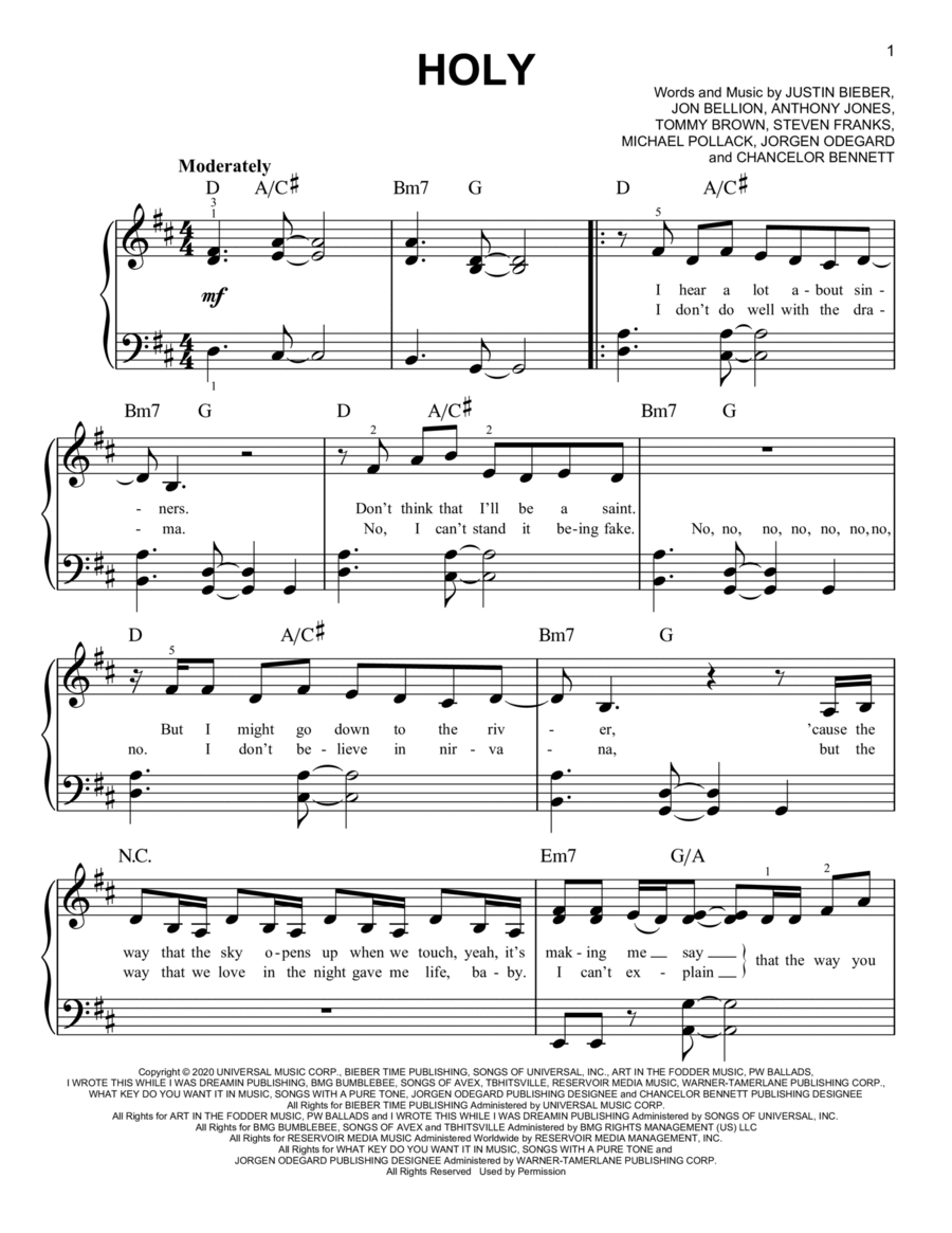 Holy (feat. Chance the Rapper) Easy Piano scores gallery preview page 1