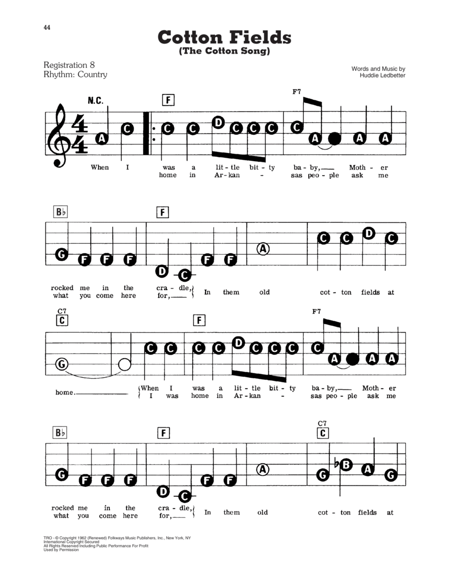 Cotton Fields (The Cotton Song) Electronic Keyboard scores gallery preview page 1