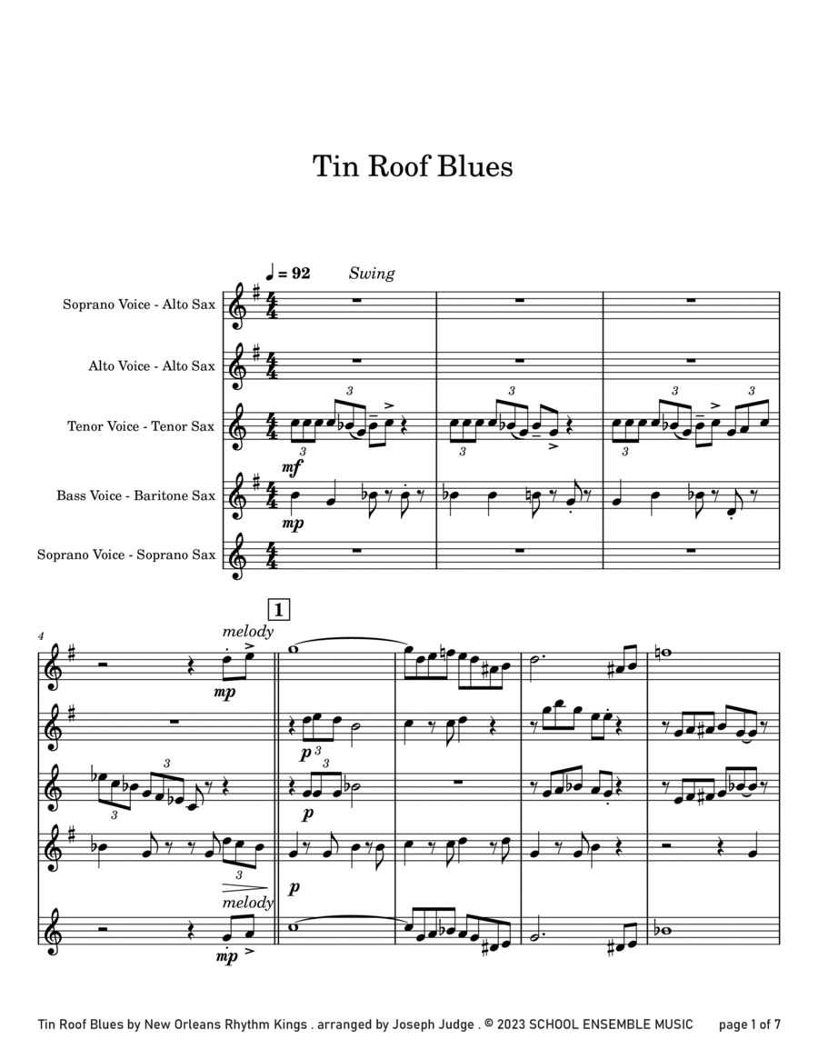 Tin Roof Blues by the Kings for Saxophone Quartet in Schools Saxophone Quartet scores gallery preview page 1