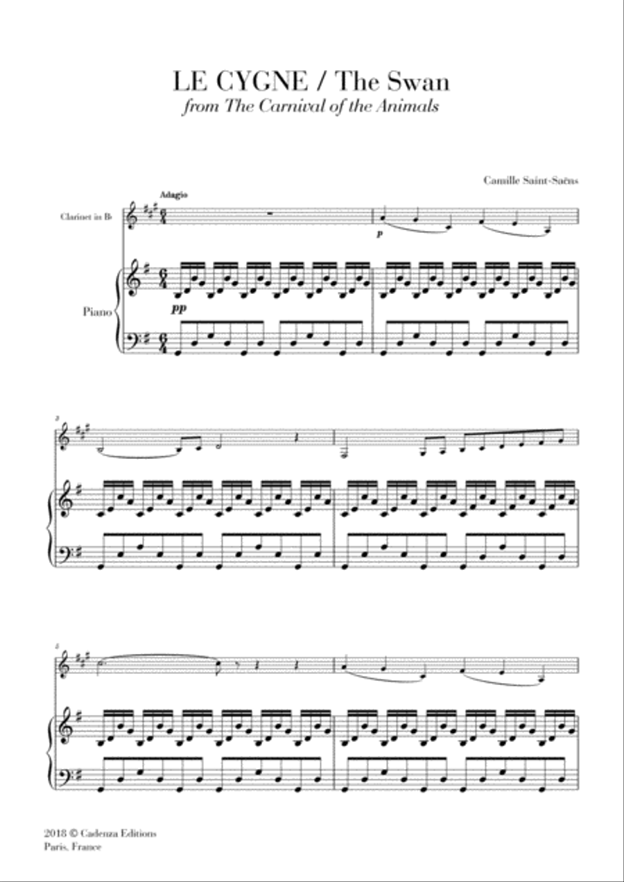 The Swan - Le Cygne (from the Carnival of the Animals) for Clarinet in Bb and Piano B-Flat Clarinet scores gallery preview page 1