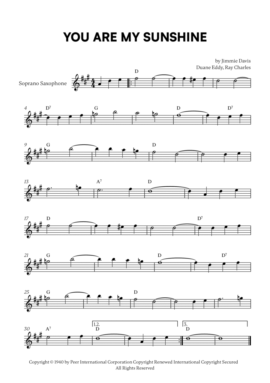 You Are My Sunshine You Are My Sunshine Soprano Saxophone scores gallery preview page 1