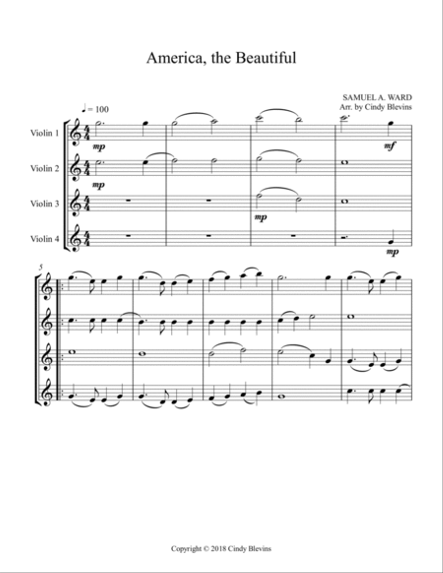 America, the Beautiful, for Violin Quartet String Quartet scores gallery preview page 2