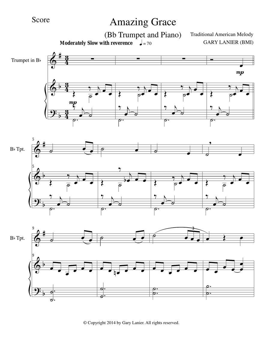 AMAZING GRACE (Bb Trumpet Piano and Trumpet Part) Trumpet Solo scores gallery preview page 1