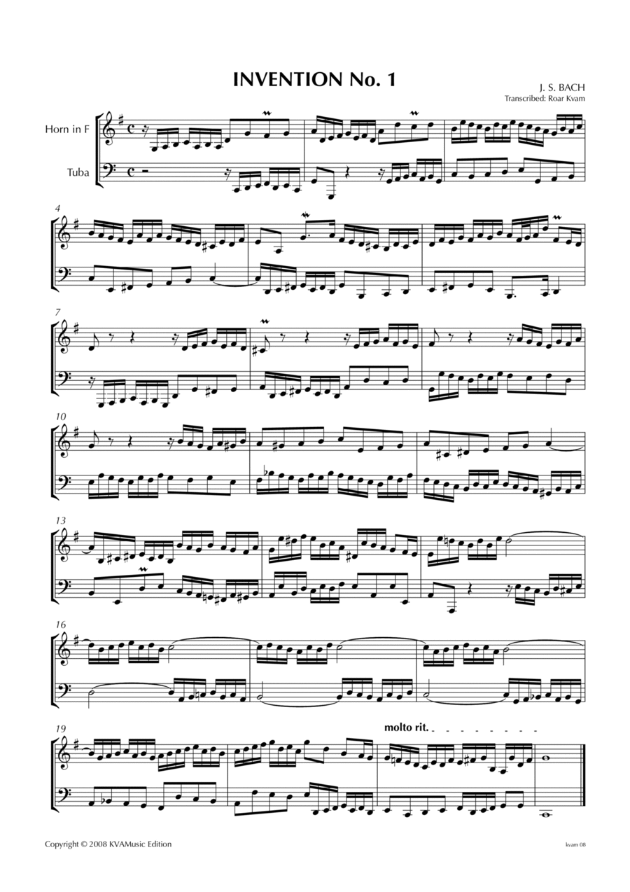 J.S. Bach: Invention No. 1 (Horn and Tuba) Brass Duet scores gallery preview page 1
