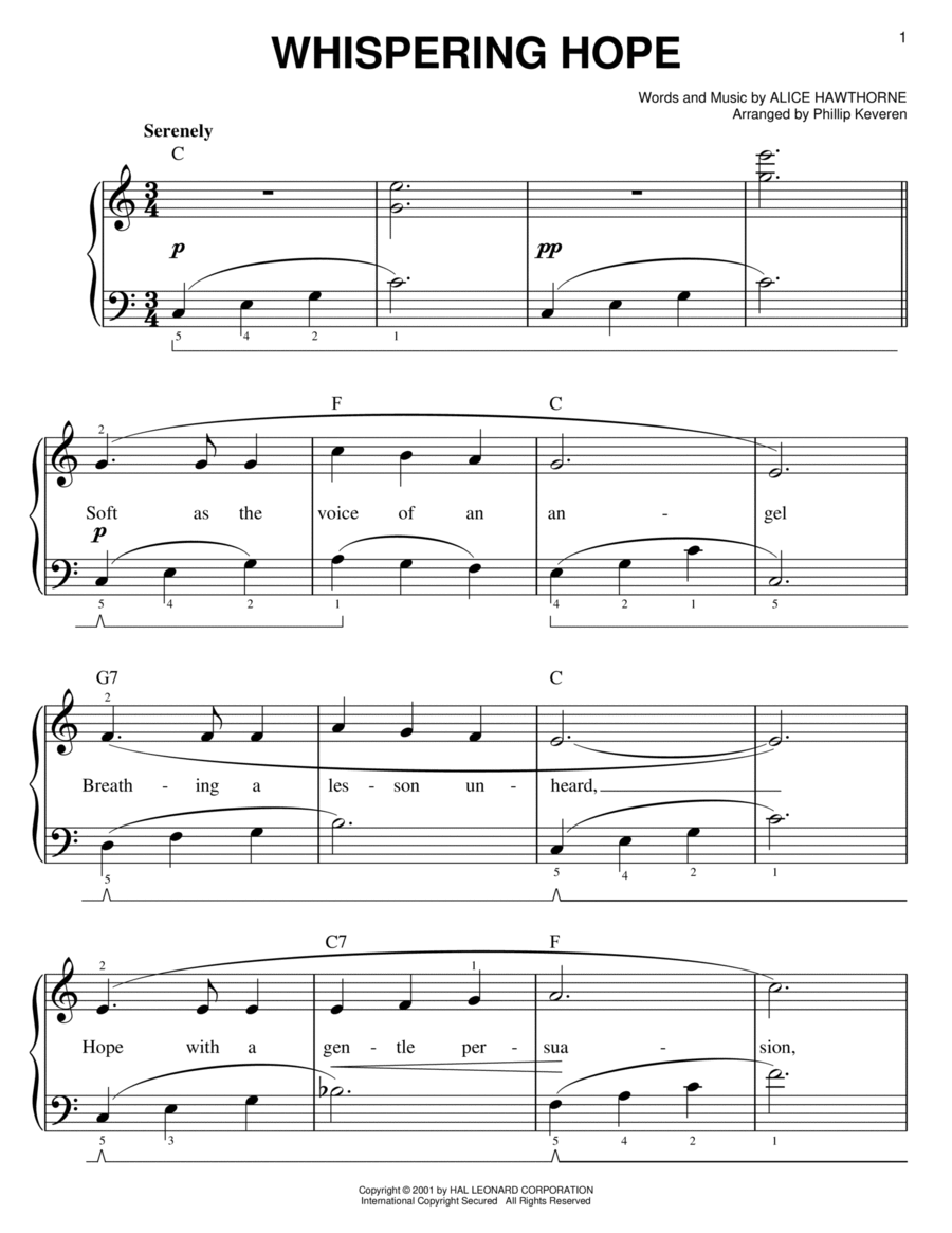 Whispering Hope (arr. Phillip Keveren) Easy Piano scores gallery preview page 1