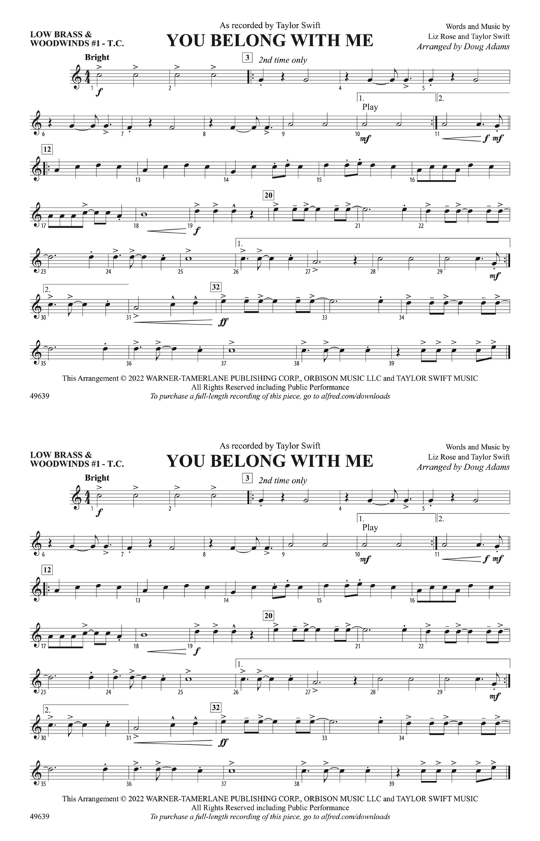 You Belong with Me: Low Brass & Woodwinds #1 - Treble Clef
