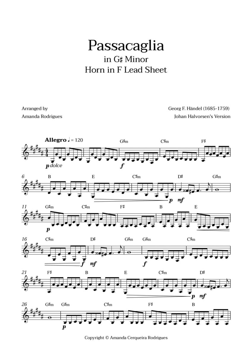 Passacaglia - Easy Horn in F Lead Sheet in G#m Minor (Johan Halvorsen's Version) image number null