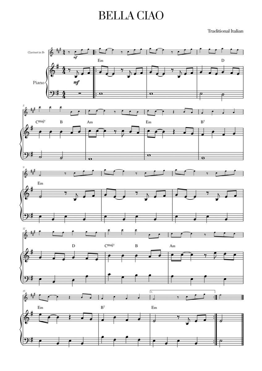 Bella Ciao with chords for Clarinet in Bb and Piano image number null