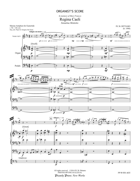 Regina Caeli (SATB Choir, Violins, Organ & opt. Timpani) - [Organist's Score ONLY] image number null