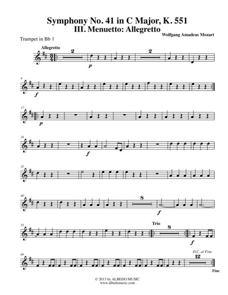 Mozart Symphony No. 41, Jupiter, Movement III - Trumpet in Bb 1 (Transposed Part), K. 551