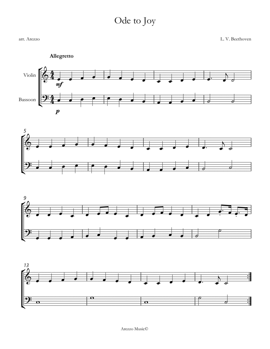 ode to joy violin and bassoon sheet music in c image number null