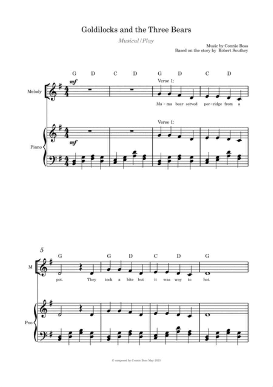 Goldilocks and the Three Bears Musical/Play Piano, Vocal, Guitar scores gallery preview page 2