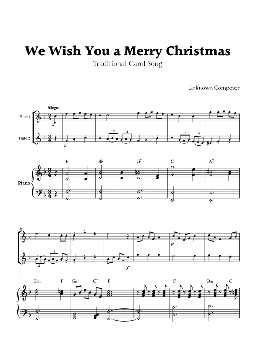 We Wish you a Merry Christmas for Flute Duet and Piano image number null