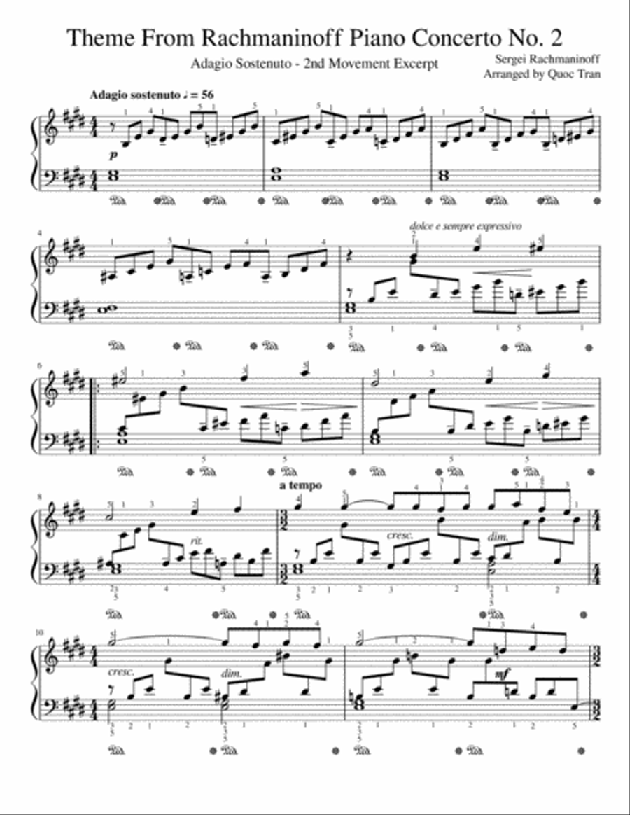 Theme from Rachmaninoff Piano Concerto No. 2 - Adagio Sostenuto - 2nd Movement Excerpt Piano Solo scores gallery preview page 1