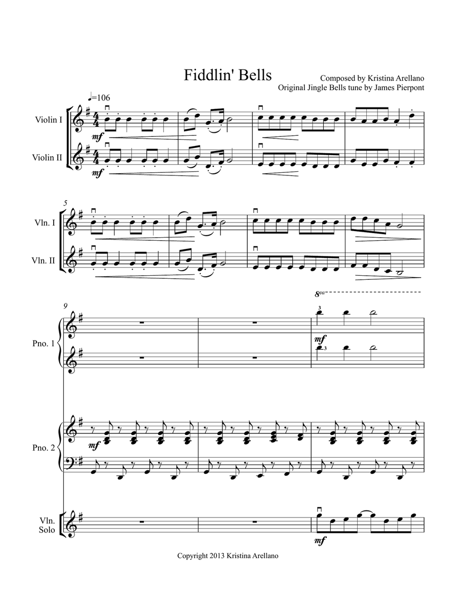 Fiddlin' Bells (Jingle Bells arrangement for 3+ violins and 1 piano--2 to 4 hands) Violin Solo scores gallery preview page 1