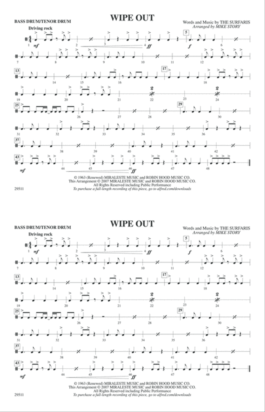 Wipe Out: Bass Drum/Tenor Drum Marching Band scores gallery preview page 1