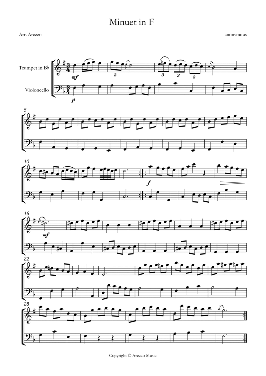 bwv anh 113 minuet in F sheet music Trumpet and Cello image number null