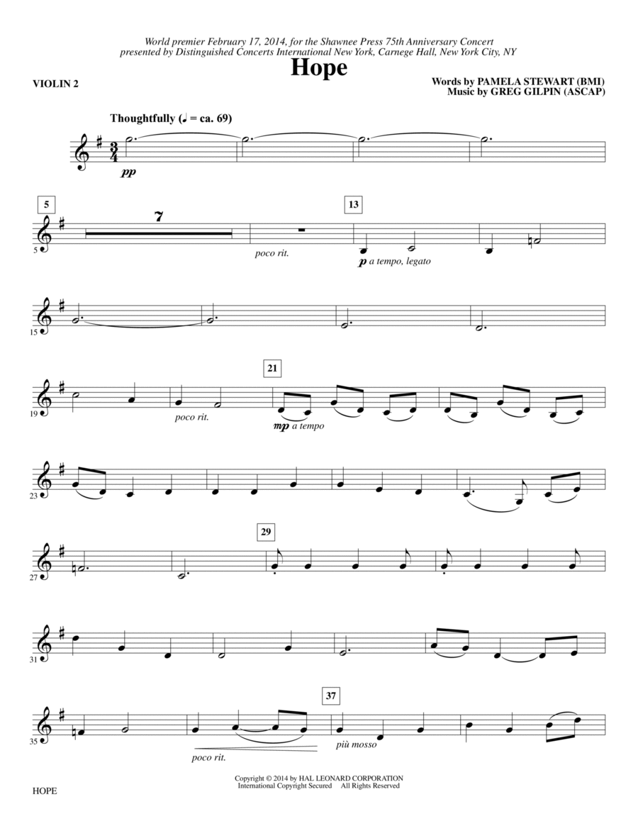 Hope - Violin 2 Hope - Violin 2 Choir scores gallery preview page 1