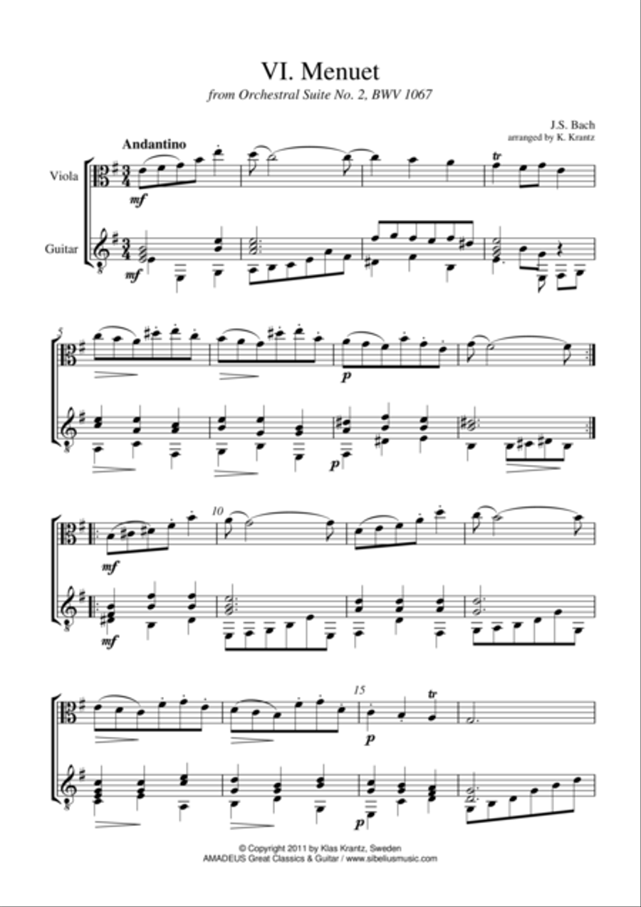 Menuet Suite 2 BWV 1067 for viola and guitar String Duet scores gallery preview page 1