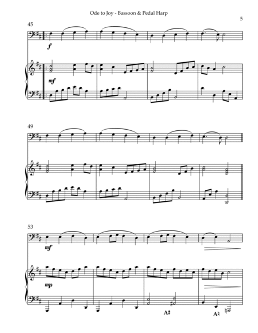 Ode to Joy, Duet for Bassoon & Pedal Harp Bassoon scores gallery preview page 5