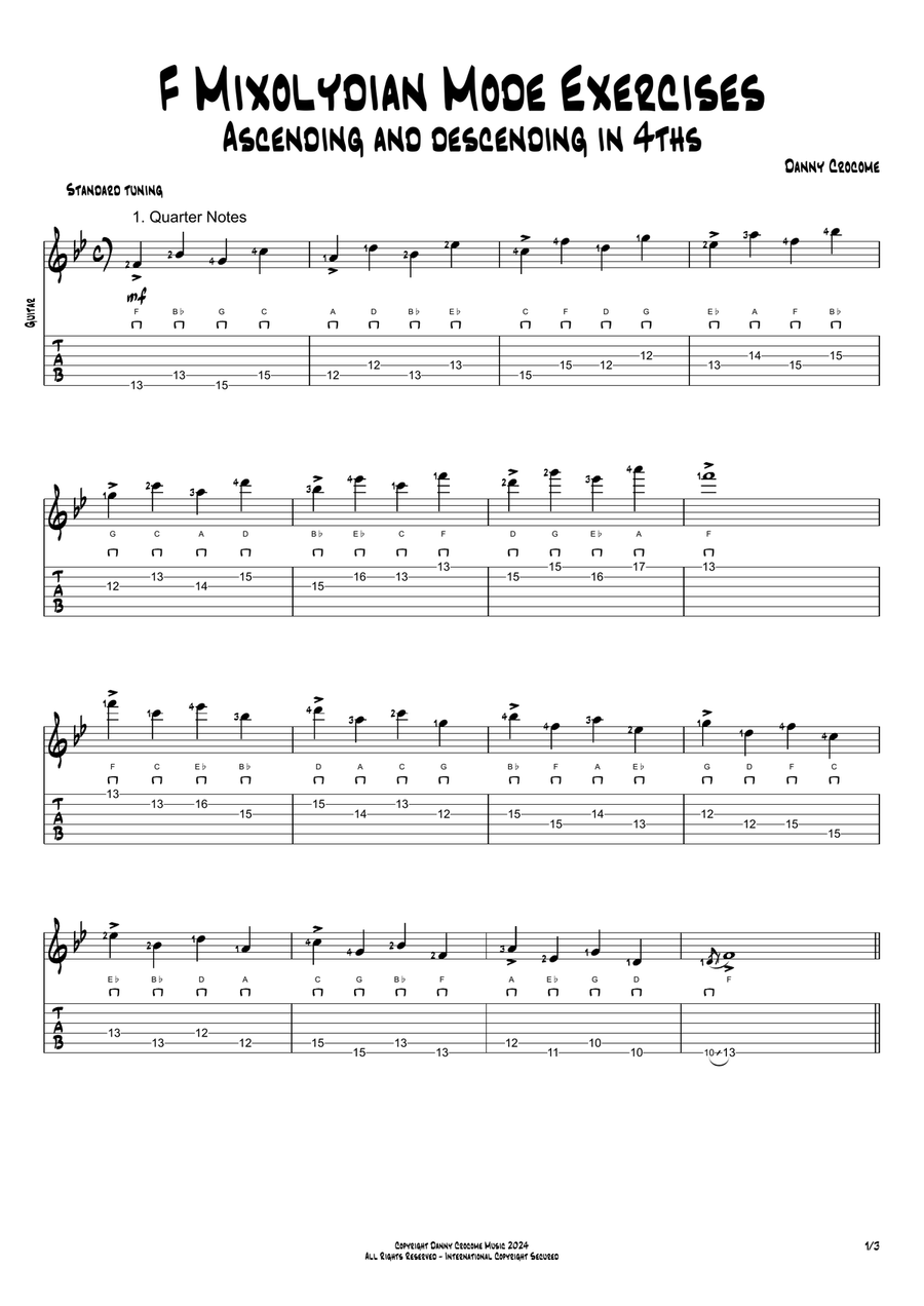 F Mixolydian Mode Exercises - Ascending and Descending in 4ths Acoustic Guitar scores gallery preview page 1
