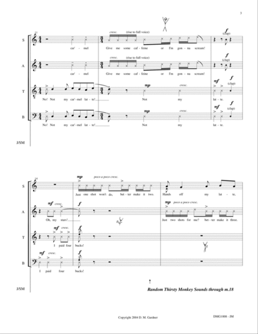 Caffeinated Dreams (SATB, Percussion, and Solo Monkey) 4-Part scores gallery preview page 4