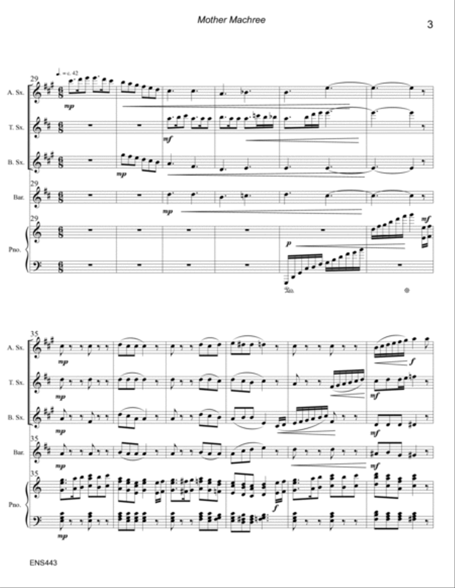 MOTHER MACHREE - Alto, Tenor & Baritone Saxes & Baritone TC or Trombone with Piano Accompaniment Small Ensemble scores gallery preview page 3