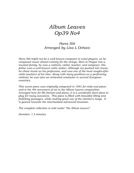 Album Leaves Op39 No4 for Bb Clarinet and Piano image number null
