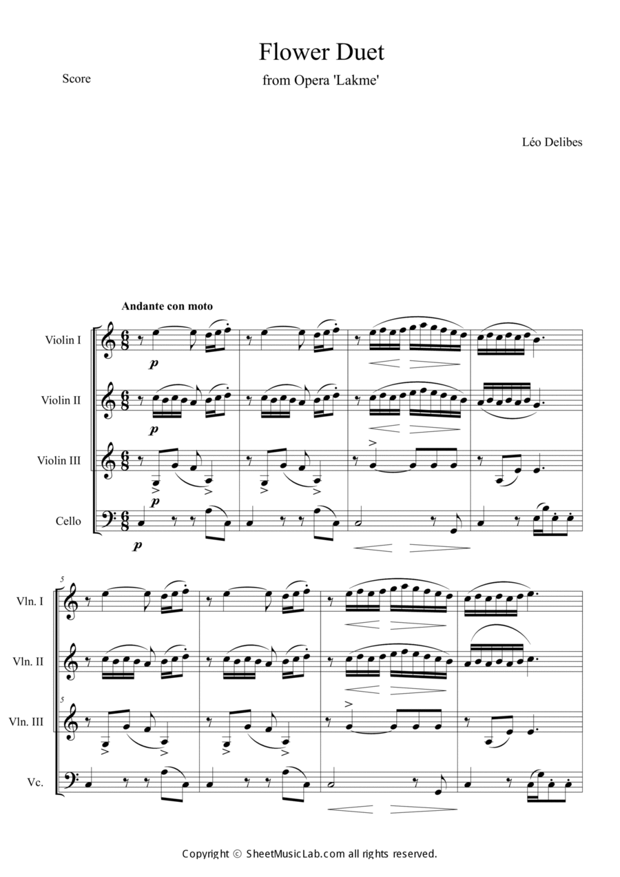 Flower Duet (from Opera Lakmé) Short Version in C String Quartet scores gallery preview page 1