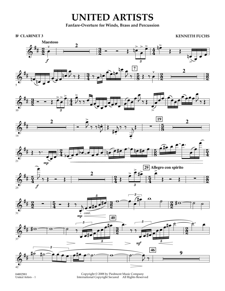 United Artists (Fanfare Overture for Winds, Brass and Percussion) - Bb Clarinet 3 Concert Band scores gallery preview page 1
