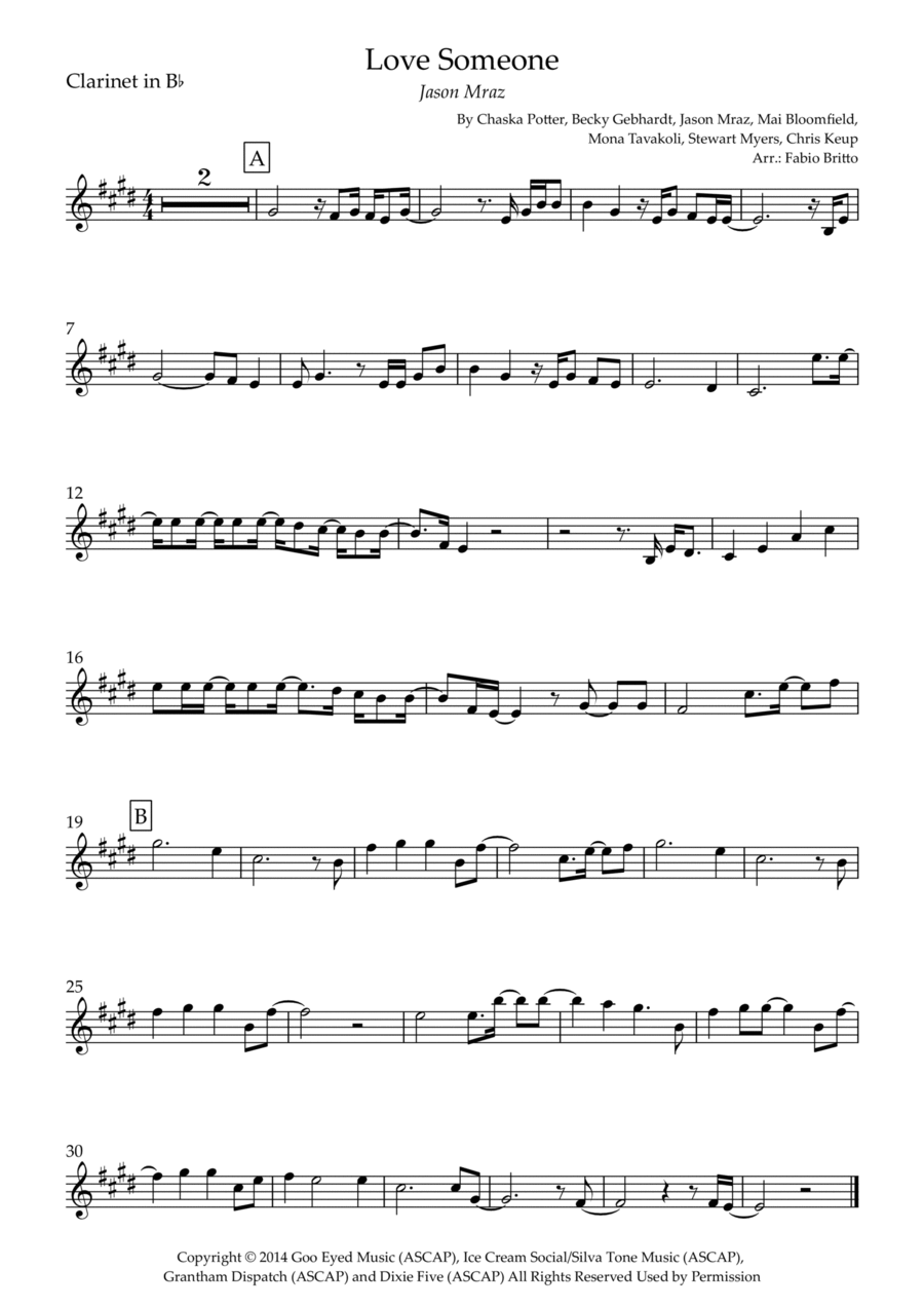 Love Someone B-Flat Clarinet scores gallery preview page 1