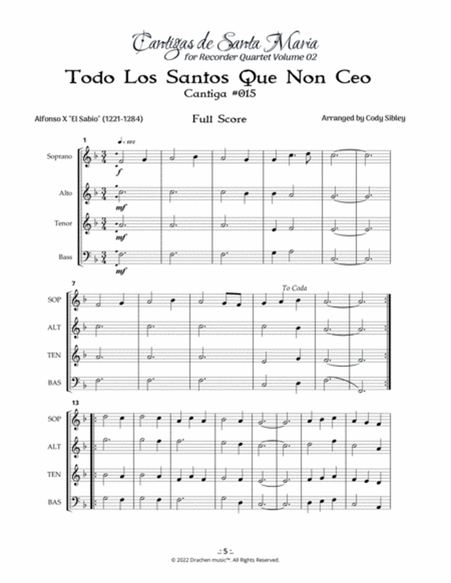 Cantigas de Santa Maria 015 Todo Los Santos Que Non Ceo for Recorder Quartet image number null