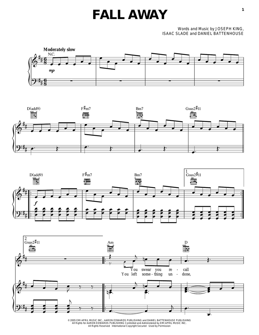 Fall Away Piano, Vocal, Guitar scores gallery preview page 1