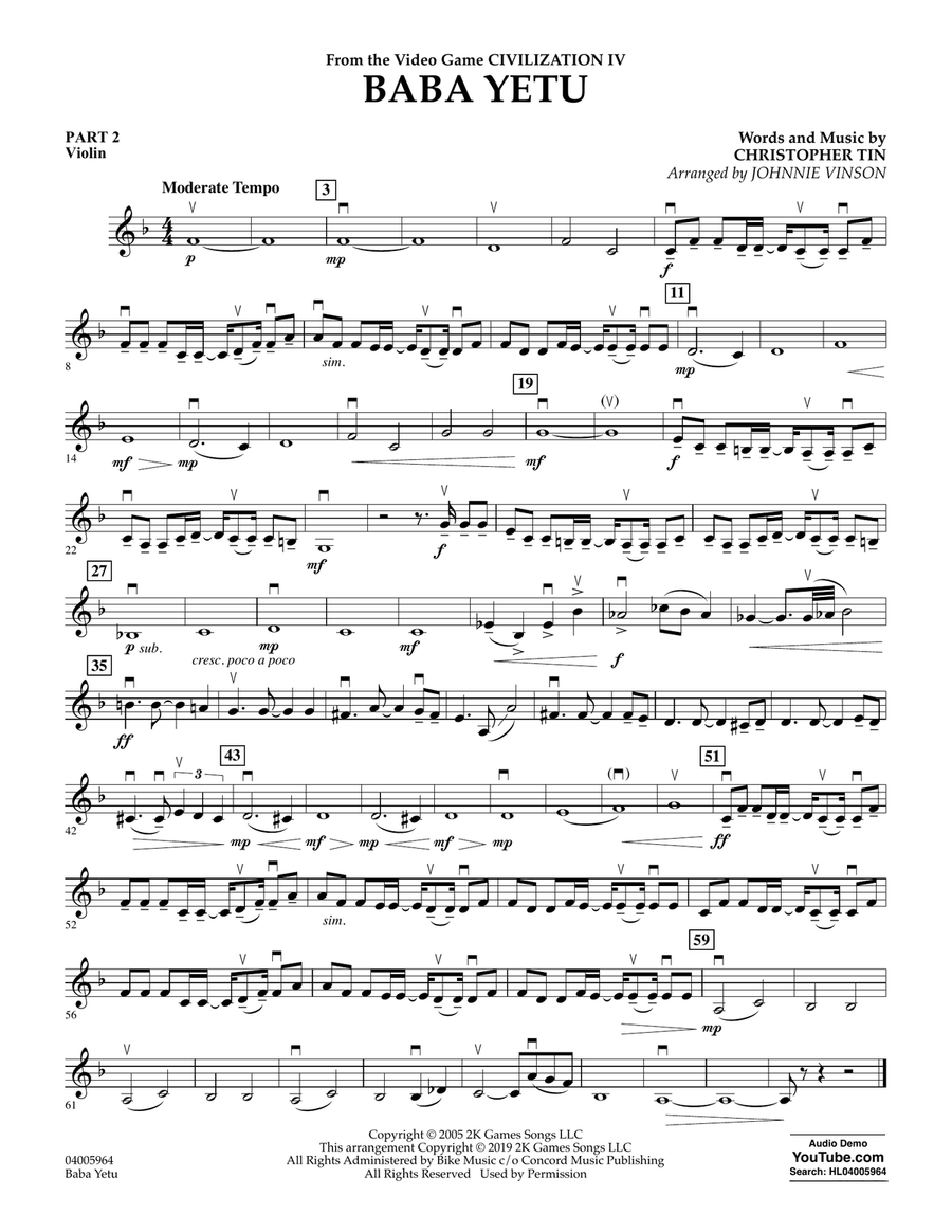 Baba Yetu (from Civilization IV) (arr. Johnnie Vinson) - Pt.2 - Violin