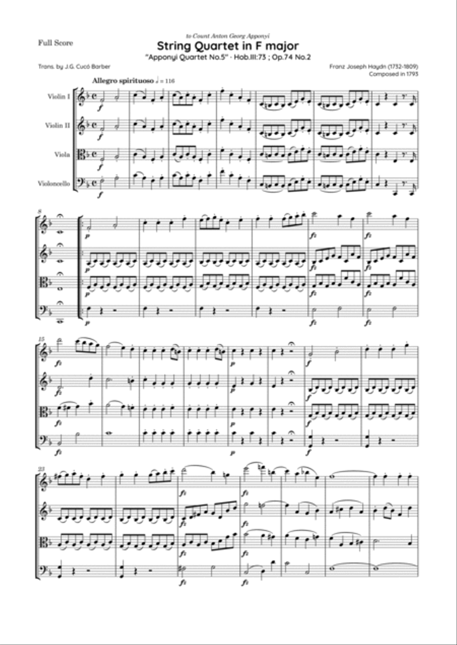 Haydn - String Quartet in F major, Hob.III:73 ; Op.74 No.2 