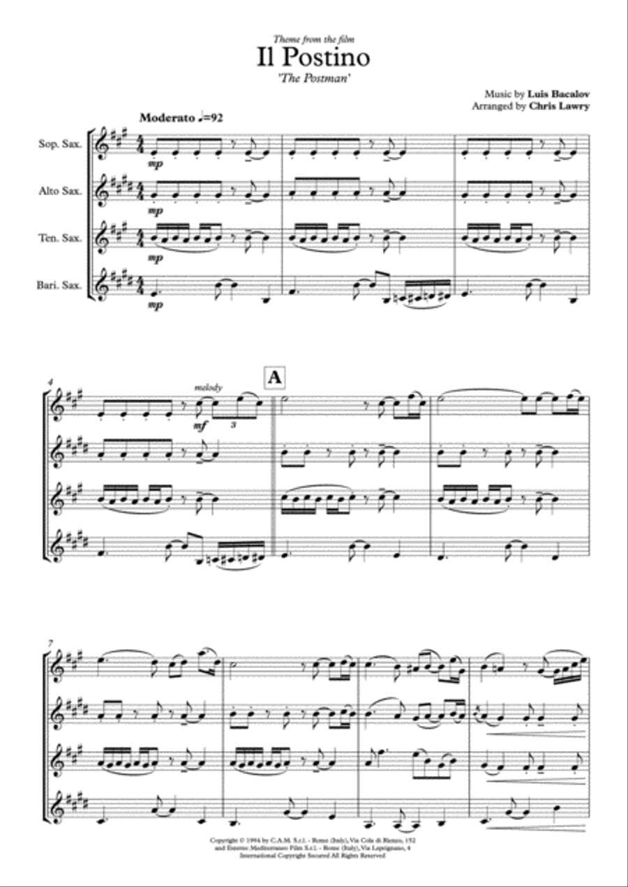 Il Postino (the Postman) Woodwind Quartet scores gallery preview page 1