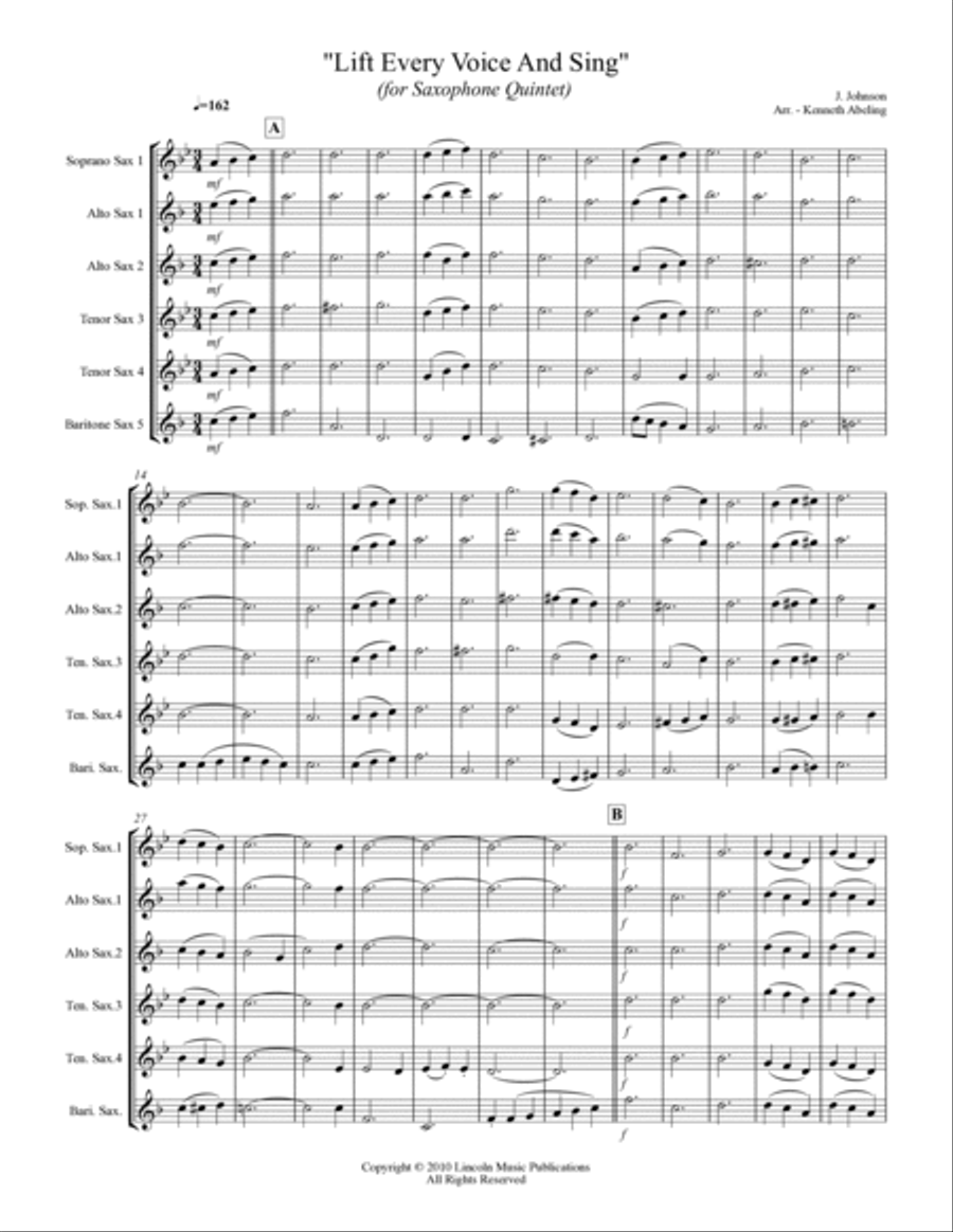 Lift Every Voice and Sing (for Saxophone Quintet SATTB or AATTB) Saxophone Quintet scores gallery preview page 2