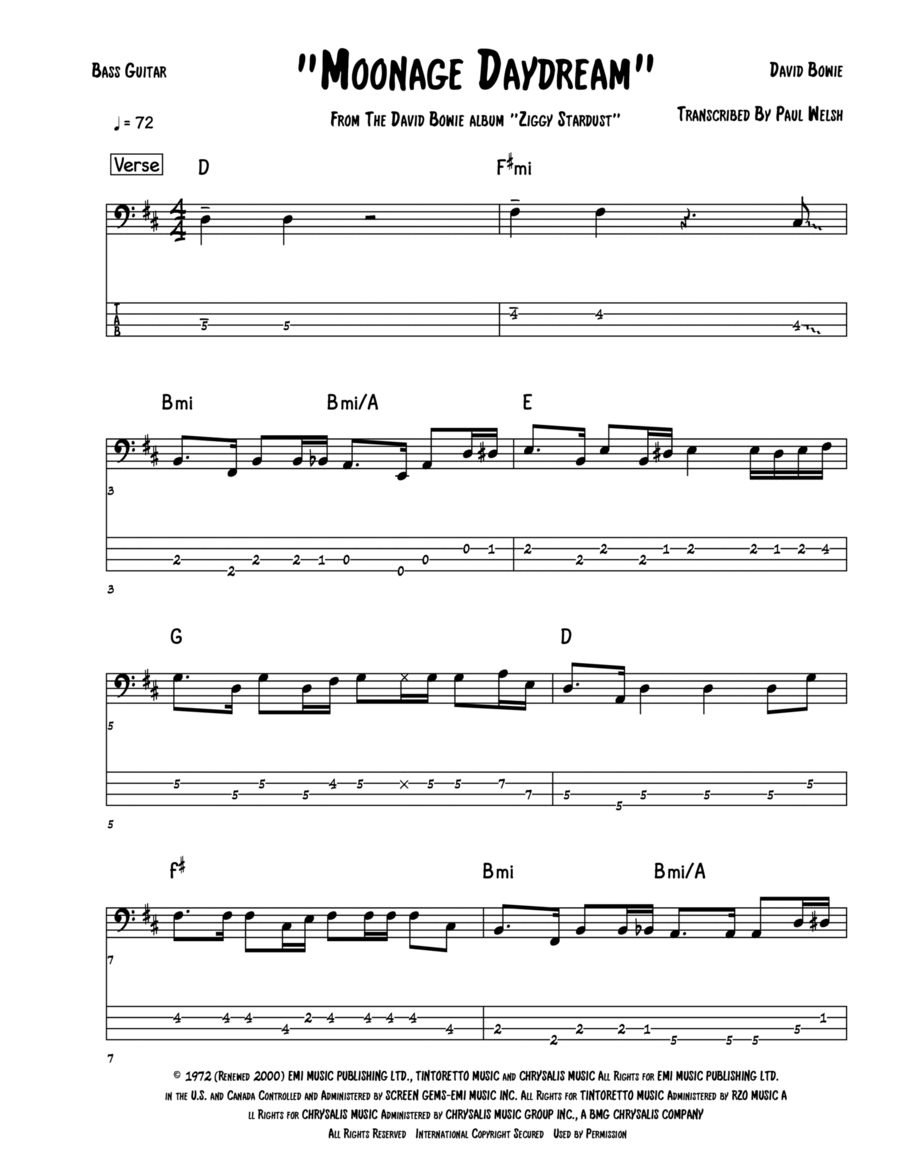 Moonage Daydream Bass Guitar scores gallery preview page 1