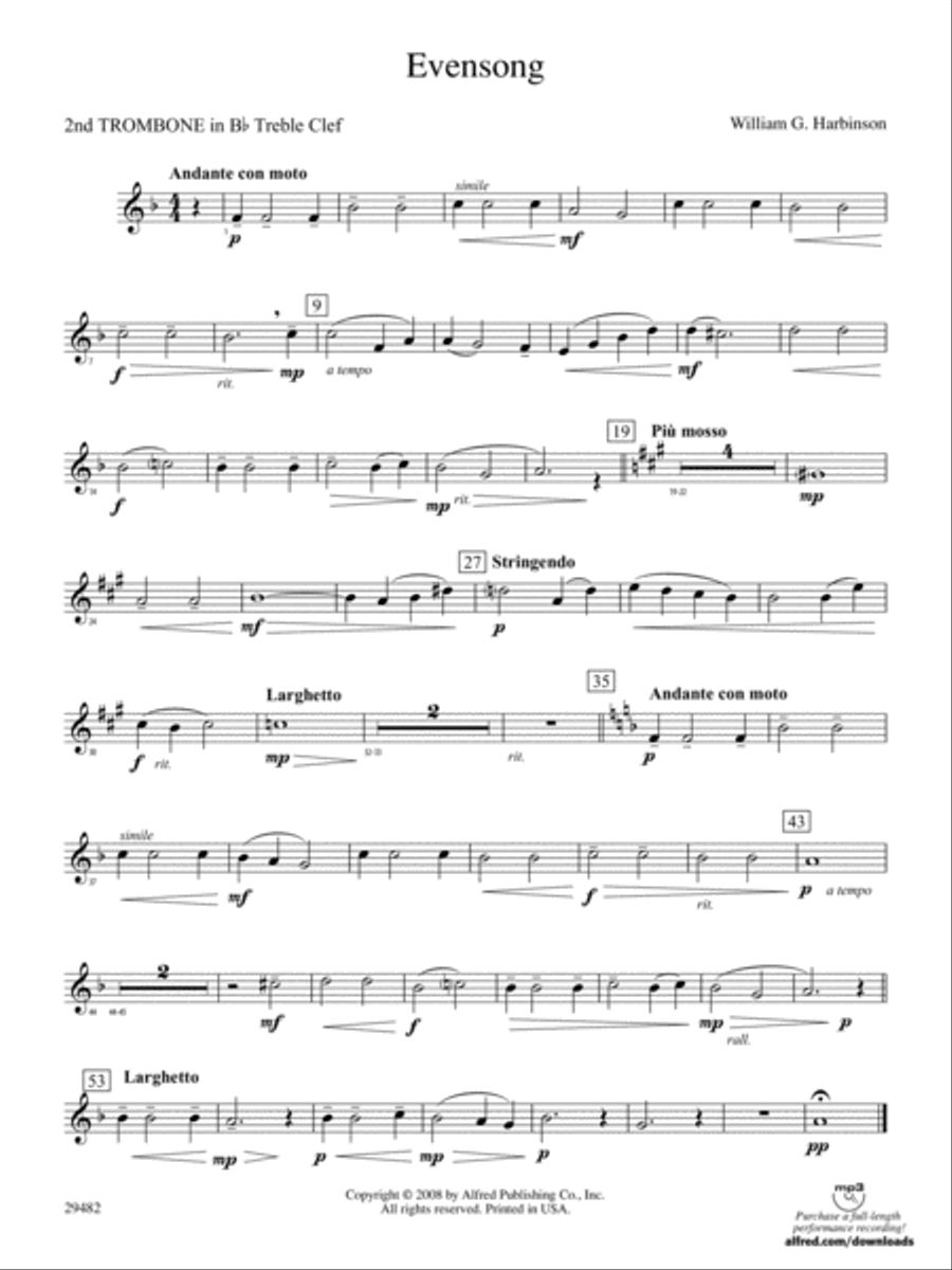 Evensong: (World Part) 2nd B-flat Trombone T.C. Concert Band scores gallery preview page 1