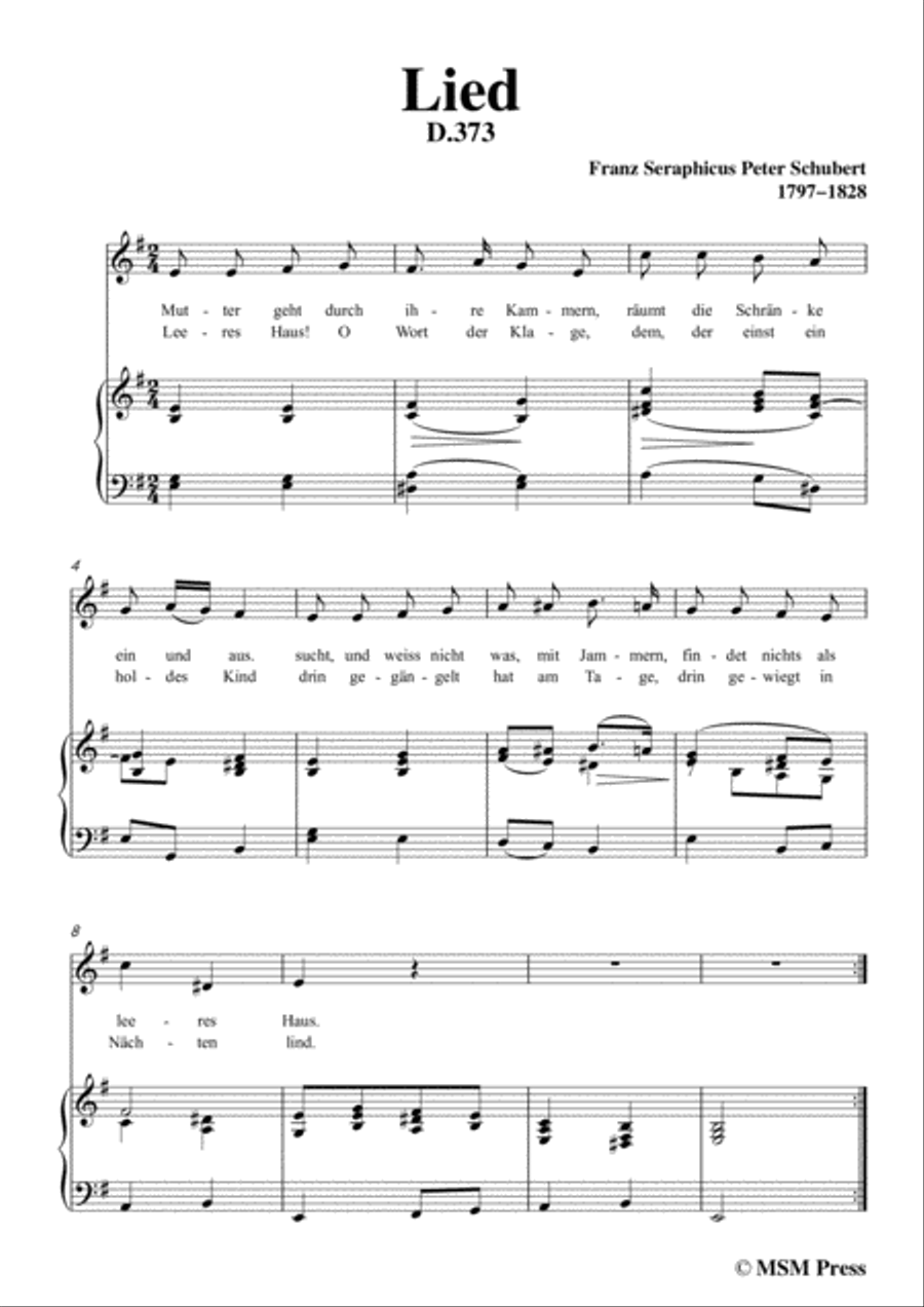 Schubert-Lied(Mutter geht durch ihre Kammern),D.373,in e minor,for Voice&Piano Voice scores gallery preview page 3
